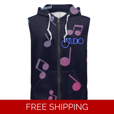 Custom Zipper Sleeveless Hoodie Color Music Notes White & Blue Logo